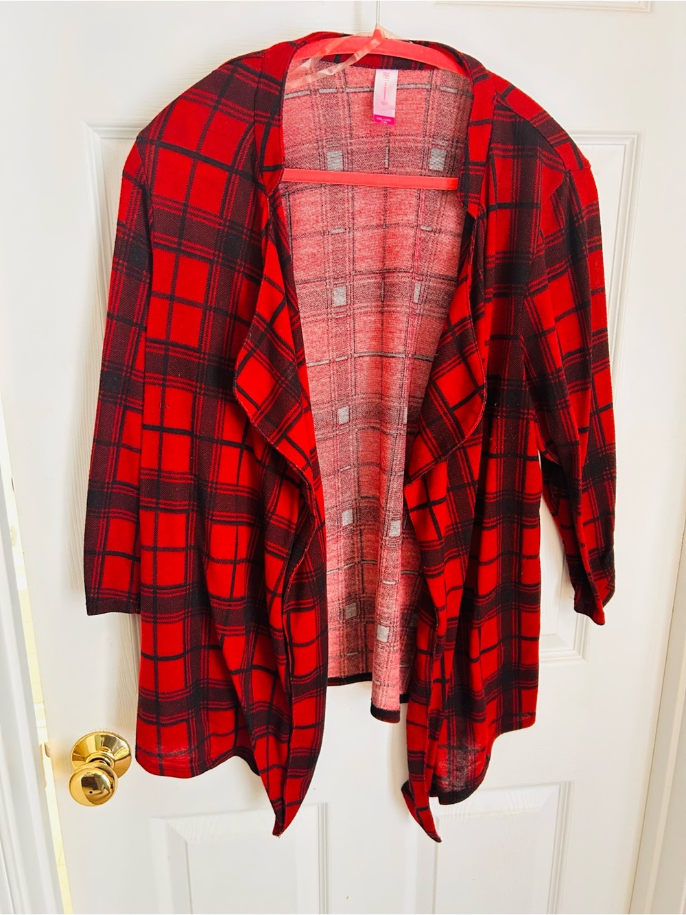No Boundaries Red and Black Plaid Open-Front Cardigan